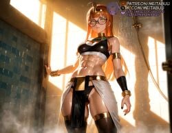 abs ahoge ai_generated alternate_costume armlet ass_visible_through_thighs bare_shoulders bathroom black-framed_eyewear black_nails black_panties black_sports_bra black_thighhighs blunt_bangs bracelet bracer breasts circlet cowboy_shot egyptian egyptian_clothes female glasses indoors jewelry long_hair looking_at_viewer medium_breasts meitabuu midriff nail_polish navel orange_hair panties parted_lips pelvic_curtain persona persona_5 round_eyewear sakura_futaba shower_(place) shower_head showering skindentation solo standing steam stomach thighhighs thighs tile_wall tiles toned underwear usekh_collar wet window yellow_eyes