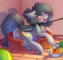 ahe_gao anus apple ass ball bat_pony bell bell_collar blush collar commission dripping drool female floor food friendship_is_magic fruit genitals herbivore indoors leash lying_down mare mlp_g4 my_little_pony nudity oc open_mouth pear pet pet_bed pineapple plate plot ponut pony pony_pet prone solo solo_female tennis_ball tongue_out underhoof vaginal_secretions vulva wall yuris_(artist)