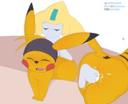 2019 all_fours anthro anthro_penetrated ass biped black_nose blush bodily_fluids close-up closed_eyes cosplay_pikachu cum cum_in_pussy cum_inside dashboom dipstick_ears doggy_style duo eyewear female female_penetrated freckles from_behind_position fur genital_fluids glasses grey_penis grey_skin hi_res humanoid humanoid_on_anthro humanoid_penetrating jirachi legendary_pokemon male male_penetrating michelle_(dashboom) multicolored_ears nintendo open_mouth orgasm original original_character penetration penis pikachu pokémon_(species) pokemon pokemon_(species) pokemon_rgby pokemon_rse pussy pussy_juice rear_view semi-anthro sex straight teeth testicles tongue vaginal_penetration video_games yellow_fur