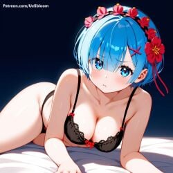 ai_generated blue_eyes blue_hair bra cleavage laying_down pout re:zero_kara_hajimeru_isekai_seikatsu rem_(re:zero) underwear