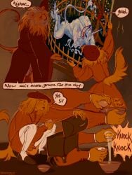absurd_res anthro apprentice balls barbary_lion bird_dog body_hair boypretties canid canine canis clothed clothing comic dialogue domestic_dog duo egg felid genitals hairy_balls hat headgear headwear hi_res hunting_dog lion male male/male mammal master_and_disciple obedient pantherine pubes spaniel the_apprentice's_plea upskirt
