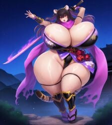 ai_generated areola_slip ass_visible_through_thighs blush fighting gigantic_ass gigantic_breasts holding_weapon hourglass_figure hyper_hourglass katana kunoichi_shiden last_origin open_mouth ready_to_fight serious serious_look stable_diffusion thick_thighs wide_hips