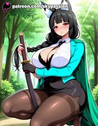 1girls 2025 against_tree ai_assisted ai_generated animal_ear_fluff animal_ears anime arm_under_breasts artist_name bamboo bamboo_forest bangs bare_tree big_breasts big_breasts big_breasts big_chest black_bra black_footwear black_hair black_skirt blush bra bra_visible_through_clothes braid branch breast breast_hold breasts breasts breasts brown_legwear bush bust busty chest christmas_tree clothed_female dappled_sunlight day eyebrows_visible_through_hair female_focus female_only foliage forest formal fox_ears fox_girl garden grass hi_res high_heels high_quality high_resolution highres holding holding_sword hoshimi_miyabi jacket jungle katana kemonomimi lace lace-trimmed_bra lace_trim large_breasts leaf leaf_background long_hair long_sleeves looking_at_viewer miniskirt nature necktie office_lady one_knee outdoors palm_leaf palm_tree panties_under_pantyhose pantyhose park parted_lips patreon patreon_username pencil_skirt pine_tree plant potted_plant red_eyes sheath sheathed shirt side_slit skirt skirt_suit skypassion solo squatting stable_diffusion suit sword tanzaku thighband_pantyhose tree tree_shade under_tree underwear very_long_hair watermark weapon white_shirt zenless_zone_zero