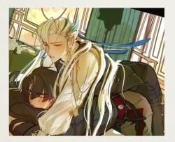 2boys black_hair_bottom clothed doggy_style dry_humping gay genshin_impact hoyoverse imminent_sex long_hair long_hair_male male male/male neuvillette_(genshin_impact) white_hair white_hair_on_black_hair wriothesley_(genshin_impact) yaoi