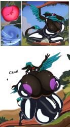 3_fingers 4_ears absurd_res anthro apple_in_mouth areola avali avian big_breasts big_bulge black_body black_breasts black_feathers black_sclera blue_body blue_eyes blue_feathers blue_hair blue_wings branch breasts bulge clothed clothed_anthro clothed_futa clothing crouching eating eating_apple eating_food eating_fruit expansion feather_hair feathered_wings feathers fingers flying futa_anthro futanari grabbing_branch green_body green_feathers hair herm hi_res huge_breasts huge_bulge hyper hyper_breasts in_tree intersex intersex_anthro jessesmash32 multi_ear nipples non-mammal_areolas non-mammal_breasts non-mammal_nipples on_branch plant pseudo_hair purple_areola purple_nipples ralena/ralaku solo tree winged_arms wings