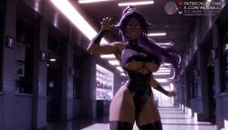 abs ai_generated armpits bare_shoulders black_leotard black_thighhighs bleach breasts clothing_cutout covered_navel cowboy_shot dark-skinned_female dark_skin female highleg highleg_leotard indoors large_breasts leotard long_hair looking_at_viewer meitabuu parted_bangs parted_lips ponytail purple_hair shihouin_yoruichi skin_tight skindentation solo standing taut_leotard teeth thick_thighs thighhighs thighs toned underboob underboob_cutout vending_machine yellow_eyes