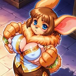1girls ai_generated animal_hands anthro big_breasts blue_eyes bra_peek breasts brown_fur brown_hair bunny_ears bunny_girl bunny_tail chrono_(series) chrono_cross chubby cleavage disembodied_hand female floating_hands furry grabbing_another's_breast janice_(chrono_cross) neck_tuft short_hair thick_thighs two_tone_fur white_fur
