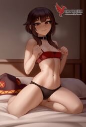 1girls 2d ai_generated ass back bare_shoulders barefoot big_ass bra brown_hair collar erophoenix female female_focus full_body kono_subarashii_sekai_ni_shukufuku_wo long_hair looking_at_viewer megumin pale_skin pale_skinned_female panties patreon_username red_eyes short_hair sitting small_breasts smile soles solo thick thick_thighs uncensored underwear