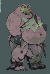 anthro arm_hair belly belly_hair big_belly body_hair boots chest_hair clothing curled_tail deep_navel domestic_pig dramamine footwear fungus gas_mask genitals gloves hairy handwear hi_res hooves male mammal mask musclegut muscular navel nipples penis pig pink_body pink_skin shoes solo suid suine sus_(pig) tail thick_penis thick_thighs torn_clothing undead vein veiny_penis zombie