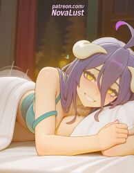 1futa 2025 ahoge ai_generated albedo_(overlord) artist_name bed bed_sheet blurry_background blush breasts bust chest futanari hair_between_eyes heart hi_res high_quality high_resolution highres horns intersex looking_at_viewer lying novalust on_bed overlord_(maruyama) patreon patreon_username smile solo stable_diffusion under_covers watermark yellow_eyes
