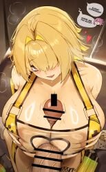 1boy 2girls ahoge bar_censor blonde_hair blush breasts censored cleavage commentary dorothy_(nikke) dotthebot elegg_(nikke) goddess_of_victory:_nikke hair_intakes highres huge_breasts huge_cock looking_at_viewer medium_hair multiple_girls one-piece_swimsuit open_mouth paizuri penis pink_eyes solo_focus speech_bubble swimsuit thighs veins veiny_penis yellow_one-piece_swimsuit