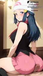 1boy ai_generated ass bare_shoulders beanie black_hair black_shirt black_socks blue_eyes blue_hair blue_lips blush breasts buttjob censored clothed_female_nude_male cowgirl_position dawn_(pokemon) erection female hair_ornament hairclip hat kneehighs large_breasts lipstick long_hair looking_at_viewer looking_back lovehent miniskirt mosaic_censoring nude penis pink_skirt poke_ball_print pokemon pokemon_(anime) pokemon_dppt pokemon_journeys pokemon_rgby pokemon_xy red_scarf reverse_cowgirl_position scarf shirt sidelocks sitting_on_person skirt sleeveless sleeveless_shirt smile socks solo_focus straddling straight sweat thighs white_headwear