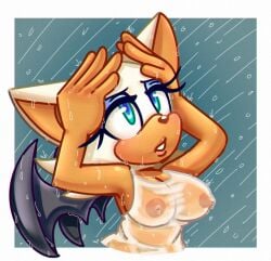 areolae bat bat_wings commission hands_on_head looking_up nipples nipples_visible_through_clothing rouge_the_bat sega sonic_(series) sonic_the_hedgehog_(series) tagme tsunderebolt wet wet_body wet_clothes wet_clothing wet_skin
