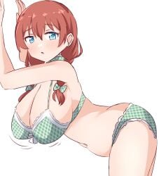 :o arched_back ass bent_over blush curvy emma_verde freckles from_side huge_breasts leaning_against_wall looking_at_viewer love_live! love_live!_nijigasaki_high_school_idol_club plump slightly_chubby thick_thighs torpedo_breasts voluptuous wide_hips worried