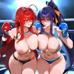 2girls ai_generated akeno_himejima blush breast_to_breast curvy_females erect_nipples females_only girlfriends high_school_dxd huge_areolae huge_breasts lesbian_couple nipple_to_nipple racerai rias_gremory rias_x_akeno sweat thick_thighs voluptuous_female wide_hipped_female wife_and_wife yuri yuri yuri