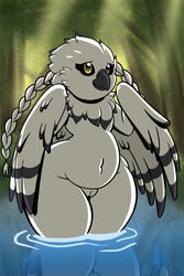 absurd_res amelia_abernachy anthro avian beak bird black_feathers black_sclera braided_hair bubo_(genus) feathered_wings feathers female hair hi_res owl pussy regret_everything sanctuaryowl slightly_chubby snowy_owl solo standing thick_thighs true_owl water white_feathers wide_hips wings