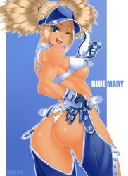 alternate_costume alternate_hairstyle alternate_outfit ass belt blonde_hair blue_eyes blue_mary breasts chaps fatal_fury female gloves highres king_of_fighters kof:_maximum_impact large_breasts looking_back maximum_impact_ii one_eye_closed panties photoshop_(medium) short_hair smile snk solo tan the_king_of_fighters thong thumbs_up twintails underwear visor_cap zonda_(solid_air)