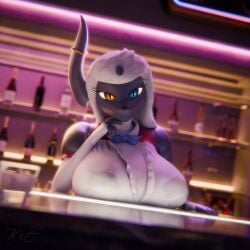 1:1 2025 3d absol absol_bartenders alcohol amber_eyes anthro bartender bedroom_eyes beverage big_breasts blender blue_eyes bodily_fluids bow_accessory breast_rest breasts clothing curvy_figure digital_media_(artwork) eyelashes female fur furgonomics generation_3_pokemon glowing glowing_eyes heterochromia hi_res horn horn_jewelry huge_breasts jewelry katherine_(r-mk) kit3d lactating looking_at_viewer mammal multicolored_body multicolored_fur narrowed_eyes nintendo pokemon pokemon_(species) seductive signature smile smirk soaked solo thick_eyelashes uniform voluptuous wet wet_clothing white_hair