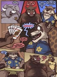 2025 alfonso_(nanoff) anthro arm_tattoo belly betting blue_clothing blue_shirt blue_topwear body_hair broken_tusk brown_body brown_fur card chest_tattoo clothed clothing comic dialogue ear_piercing ear_ring elephant elephantid erection erection_under_jockstrap eyewear four_of_a_kind_(poker_hand) fur genitals glasses grey_body group hi_res horacio_(nanoff) hyena inside jockstrap jockstrap_only looking_at_another low-angle_view male male/male mammal markings mature_anthro mature_male moobs musclegut muscular muscular_anthro muscular_male nanoff nipple_piercing nipple_ring nipples open_mouth overweight overweight_anthro overweight_male penis piercing playing_card proboscidean procyonid raccoon ring_piercing shirt shocked speech_bubble spots spotted_body spotted_fur suarez_(nanoff) suid suine sus_(pig) taking_off_underwear tattoo teeth topless topwear tusks underwear underwear_only walter_rossi_(nanoff) wild_boar