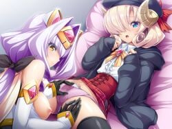 1boy azarin_(kouyoku_senki_exs-tia) black_gloves blonde_hair blue_eyes blush breasts clothes_lift detached_sleeves elbow_gloves exs-tia_magica female game_cg gloves hair_intakes hair_over_one_eye hat horns inoino kouyoku_senki_exs-tia large_breasts large_variant_set long_hair looking_at_viewer lying male nipples non-web_source official_art on_back open_mouth panties penis penis_in_panties picologil pink_panties purple_hair purple_panties ribbon sheep_horns short_hair skirt skirt_lift spread_legs straight thighhighs trap underwear variant_set yellow_eyes