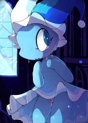 2025 anthro big_eyes biped blue_body blue_eyes blush bodily_fluids clothing darkner deltarune digital_media_(artwork) dress elemental_creature embarrassed eyelashes female female_anthro fool's_hat genital_fluids genitals hat headgear headwear hi_res humanoid lodetail mitten_hands mizzle_(deltarune) pseudo_clothing pussy shaded shy snout solo sweat undertale_(series) vaginal_fluids vulva water water_creature