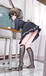 absurdres amiya_(arknights) animal_ear_fluff animal_ears arknights arm_support black_socks blue_eyes blue_ribbon blue_sailor_collar blue_serafuku blue_shirt blue_skirt blush brown_hair chalkboard chinese_commentary commentary_request curtains double-parted_bangs female film_grain from_behind full_body graph hair_between_eyes hair_ribbon highres indoors kneehighs leaning_forward leaning_on_object long_bangs long_sleeves looking_at_viewer looking_back marble_(stone) marble_floor math micro_panties no_shoes nose_blush panties panty_pull parted_lips pleated_skirt ponytail pussy rabbit_ears rabbit_girl rabbit_tail raised_inner_eyebrows reflective_floor ribbon sailor_collar school_uniform serafuku shenmi_de_xigua shirt skirt socks soles solo standing stool string_panties striped_clothes striped_panties tail teeth torn_clothes torn_socks turning_head uncensored underwear upper_teeth_only vertical-striped_clothes vertical-striped_panties