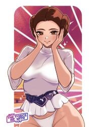 1female 1girl 1girls 2025 2025s 2d 2d_(artwork) 2d_artwork belt big_breasts blush border breasts brown_eyes brown_hair clothed clothed_female clothing datli64 digital_art digital_drawing digital_drawing_(artwork) digital_media digital_media_(artwork) digital_painting digital_painting_(artwork) dress english english_text eyelashes female female_focus female_only hair hair_bun hand_on_face hand_on_own_face hi_res huge_breasts human human_female human_only large_breasts light-skinned_female light_skin looking_at_viewer lucasfilm may_the_4th_be_with_you open_eyes panties princess princess_leia_organa short_dress short_white_dress sleeves solo solo_female standing star_wars text thick_thighs thighs underwear white_border white_clothing white_dress white_panties white_underwear wide_hips wide_sleeves