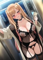 ai_generated big_breasts dominant exhibitionism flashing garter_belt kitagawa_marin meme2112 money prostitution pubic_hair see-through_clothing sono_bisque_doll_wa_koi_wo_suru thick_thighs twintails