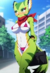 ai_generated bikini carol_tea embarrassed embarrassed_nude_female freedom_planet micro_bikini outdoors public public_nudity schoolgirl swimwear