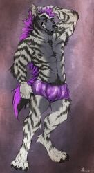 abs anthro armpit_hair barbell_piercing black_markings black_nipples black_nose black_pubes body_hair bottomwear bulge chumbasket circular_barbell_piercing clothed clothing detailed_bulge ear_piercing ear_ring eyebrow_piercing facial_piercing front_view fur gauged_ear genital_outline grey_body grey_fur grin hi_res hyena looking_at_viewer male male_anthro mammal markings mohawk multiple_piercings narrowed_eyes nipple_piercing nipple_ring nipples nose_piercing pecs penis_outline piercing pose pubes purple_bottomwear purple_clothing ring_piercing septum_circular_barbell septum_piercing smile solo standing striped_arms striped_legs tan_eyes topless white_body white_fur