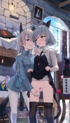 2girls absurdres animal_ears ball_gag black_necktie black_pantyhose blazer blue_hair blush breasts cat_ears cat_girl cat_tail clothes_lift clothes_pull cloud collared_shirt day dildo egg_vibrator eila_ilmatar_juutilainen epaulettes female fox_ears fox_girl fox_tail gag green_eyes grey_hair grin highres indoors jacket liclac lifting_own_clothes long_hair looking_at_another looking_to_the_side mixed-language_commentary multiple_girls necktie object_insertion open_mouth pantyhose pantyhose_pull pleated_skirt pouch purple_eyes pussy sanya_v._litvyak sex_toy shirt skirt skirt_lift sky small_breasts smile standing strike_witches strike_witches:_aurora_no_majo strike_witches:_suomus_misfits_squadron tail teeth vaginal_object_insertion vaginal_penetration very_long_hair vibrator white_pantyhose white_shirt world_witches_series yuri