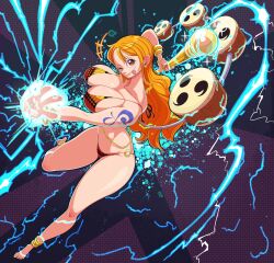 1girls big_breasts bikini bracelets breasts cleavage clothed_female collarbone drums enel_(cosplay) eyebrows eyelashes female female_only gold grinning joepopls large_breasts lightning long_hair nami_(one_piece) one_piece orange_hair orange_hair_female post-timeskip revealing_clothes solo tattoo tattoo_on_arm tattooed_arm underboob voluptuous voluptuous_female