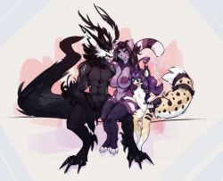 2025 animal_genitalia anthro anthro_on_anthro balls big_breasts black_body black_fur breasts claws digital_media_(artwork) domestic_cat ephie_(savielle) felid feline felis female fur genitals green_eyes group hair hi_res male male/female mammal navel nipples nude open_mouth purple_hair pussy savielle sheath simple_background size_difference smile tail vulva zell_(savielle)
