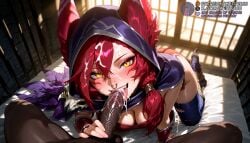 1boy ai_generated all_fours animal_ears ass bed bed_sheet blush boots borrowed_character breasts cleavage clothed_female_nude_male cum cum_in_mouth cum_on_body cum_on_hair cum_on_penis cum_on_tongue dark-skinned_male dark_skin ears_through_headwear ejaculation erection facial facial_mark fangs fellatio female fingerless_gloves foreshortening freckles gloves hair_between_eyes high_heel_boots high_heels hood hood_up indoors interracial large_breasts large_penis league_of_legends licking licking_penis long_hair looking_at_viewer lying meitabuu nipple_piercing nose_piercing nose_ring nude on_bed oral penis piercing pov pov_crotch red_hair riot_games saliva slit_pupils smile solo_focus spread_legs straight sweat teeth testicles thighhighs tongue tongue_out uncensored vastaya veins veiny_penis xayah yellow_eyes