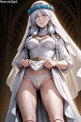 1girls ai_generated blue_eyes braided_hair cameltoe doll_joints dress dress_lift elden_ring elden_ring_nightreign female female female_only fromsoftware front_view long_hair looking_away medium_breasts panties patreon revenant_(nightreign) salupai showing_panties solo solo_female standing uncensored veil watermark white_dress white_hair white_panties