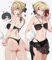 absurdres alternate_costume ass ball bikini black_bikini black_bow blonde_hair blush bow breasts cellphone chibi chibi_inset commentary evelyn_chevalier female hairbow heart highres holding holding_phone jane_doe_(zenless_zone_zero) looking_at_viewer medium_breasts medium_hair multiple_views navel noodychaan o-ring o-ring_bikini phone purple_eyes simple_background smartphone spoken_heart swimsuit white_background zenless_zone_zero