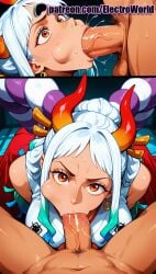 1boy 1girls 2025 :>= ai_generated artist_name blowjob blowjob_face brown_eyes cheek_bulge cock dick electroworld fellatio female hair_ornament hi_res high_quality high_resolution highres horns licking long_hair male_pubic_hair one_piece oral oral_sex patreon patreon_username penis pov pubic_hair red_eyes stable_diffusion straight sucking testicle_sucking uncensored watermark white_hair yamato_(one_piece)