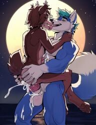 absurd_res anthro antlers ash_(chaboifap) ass bodily_fluids brown_body brown_fur canid canine canis cum cum_drip cum_in_ass cum_inside deer dripping duo ejaculation eye_contact fox french_kissing fur genital_fluids hi_res horn hybrid kissing knot looking_at_another male male/male mammal multicolored_body multicolored_fur nude odu paws sex size_difference stand_and_carry_position standing standing_sex tail vance_(istricer) wolf