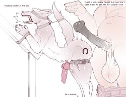 animal_genitalia animal_penis anthro ball belt belt_bondage belt_buckle blindfold bondage bondage bound buckle canid canine canine_genitalia canine_penis captured caught dialogue dominant dominant_male duo english_text equine_genitalia equine_penis genitals hands_tied hi_res imminent_anal imminent_death_by_snu_snu imminent_rape imminent_sex knot legs_tied male male/male mammal mertvykhcrows mostly_nude nude nude_anthro nude_male penis simple_background text vein white_background