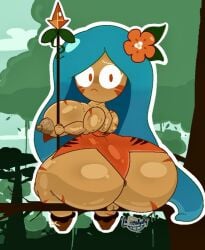 1girl ass blue_hair breasts cookie_run cookie_run_kingdom dark-skinned_female dark_skin facial_mark flower from_behind hair_flower hair_ornament holding holding_polearm huge_ass huge_breasts jungle lafreakysky long_hair looking_at_viewer looking_back outline polearm red_eyes solo spear thick_thighs tiger_lily_cookie tree very_long_hair weapon