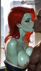 1boy 1girls ai_generated bald bare_shoulders batman_(series) black_kimono blush breast_press breasts closed_eyes collarbone colored_skin dark-skinned_male dark_skin dc dc_comics eyeshadow french_kisspoison_ivy green_eyes green_skin grey_skin indoors interracial japanese_clothes kimono kissing large_breasts long_hair looking_at_another makeup meitabuu muscular muscular_male nipples off_shoulder red_hair shiny_skin straight sweat