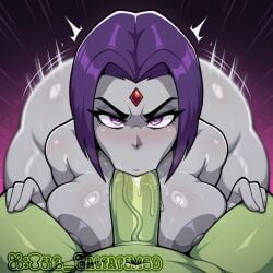 1boy 1girls ai_generated balfaphico beast_boy blowjob dc_comics fellatio green_skin looking_at_viewer pale-skinned_female purple_eyes purple_hair raven_(dc) teen_titans