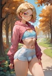 1boy 1femboy 2025 ai_generated alternate_version_available blonde_hair blush bulge crossdressing enya_diz erect_nipples eyebrows eyelashes eyeshadow feminine_male girly green_eyes looking_at_viewer nipples_visible_through_clothing outdoors outside park shorts solo solo_focus sports_bra sports_uniform sportswear thick_thighs thighs trap