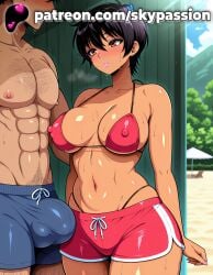 1boy 1girls 2025 abs ai_assisted ai_generated anime artist_name berserk black_hair blush breast breasts brown_eyes bulge bust casca chest covered_nipples dark_skin erect_nipples erection exposed_nipples female hard_nipples hi_res high_quality high_resolution highres male muscular muscular_female navel nipple nipples nipples_outside nipples_visible_through_clothing patreon patreon_username short_hair shorts skypassion stable_diffusion sweat swimsuit uncensored_nipples watermark
