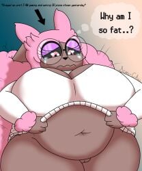 absurd_res ada_(scor-chii) anthro belly big_belly big_breasts bodily_fluids bottomless breasts brown_body brown_fur clothed clothing clothing_lift deep_navel eyewear female fur generation_4_pokemon genitals glasses hair hi_res lopunny navel nerd nintendo overweight overweight_female pink_hair pokemon pokemon_(species) scor-chii shiny_pokemon shirt shirt_lift solo sweater tears thick_thighs topwear vulva