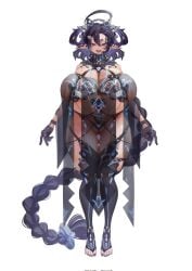 black_hair braid braided_ponytail breasts earrings female gigantic_breasts gloves haitai_umita highres huge_breasts jewelry long_hair looking_at_viewer original piercing pointy_ears pubic_tattoo purple_eyes purple_hair see-through_clothes simple_background solo tattoo thick_thighs thighhighs thighs underwear very_long_hair white_background