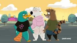 3boys animated anthro anthro_on_anthro ass backsack balls bottomless canid canine canis cartoon_network clothed clothing disney domestic_dog family_guy gay group jasper_(family_guy) male male/male male_only mammal monotreme perry_the_platypus phineas_and_ferb platypus procyonid raccoon raymondfoxxx regular_show rigby_(regular_show) yaoi