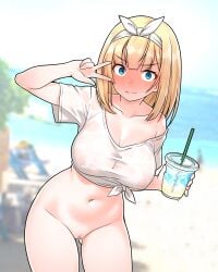 absurdres beach blonde_hair blue_eyes blush bow bow_hairband censored commentary_request covered_nipples cup disposable_cup drinking_straw embarrassed full-face_blush furaggu_(frag_0416) hairband highres holding holding_cup kantai_collection looking_at_viewer medium_hair mosaic_censoring naked_shirt navel ocean outdoors pussy rodney_(kancolle) rodney_(kantai_collection) see-through_clothes see-through_shirt shirt stomach thighs tied_shirt v variant_set white_bow white_hairband white_shirt
