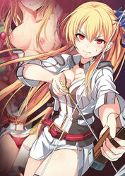 alisa_reinford arrow belt blonde_hair blush bow_(weapon) breasts choker cleavage clenched_teeth coat cowboy_shot dutch_angle earrings eiyuu_densetsu female foreshortening gtgt_nishiteyaru highres jewelry long_hair looking_at_viewer medium_breasts miniskirt multiple_views nipples panties rape red_eyes red_panties scrunchie sen_no_kiseki short_sleeves side_ponytail skirt sweat sweatdrop teeth thighs topless underwear weapon