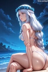 1girls ai_generated ass beach bikini blue_eyes braided_hair breasts doll_joints elden_ring elden_ring_nightreign female female_only fromsoftware long_hair looking_away medium_breasts patreon revenant_(nightreign) salupai sitting solo solo_female thighs uncensored watermark white_bikini white_hair
